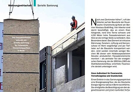 Ausschnitt aus dem Magazin Die Wohnungswirtschaft, Text und Foto mit zwei Bauarbeitern