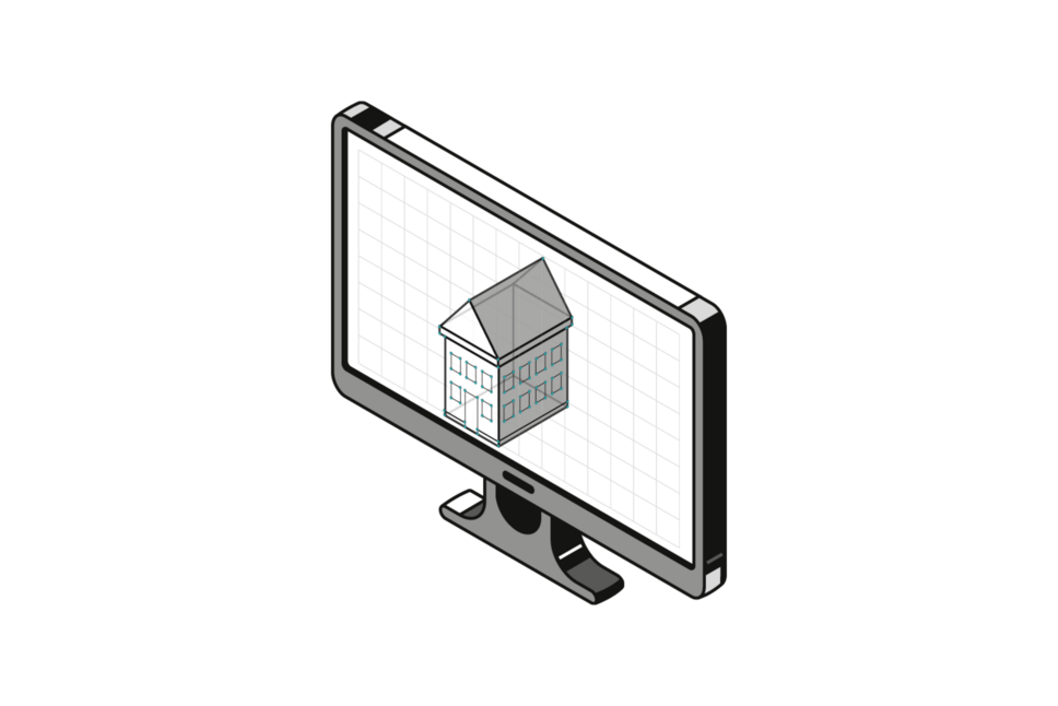 Grafik zum BIM-Modell, skizzierte Monitor mit einem Gebäude auf dem BIldschirm.