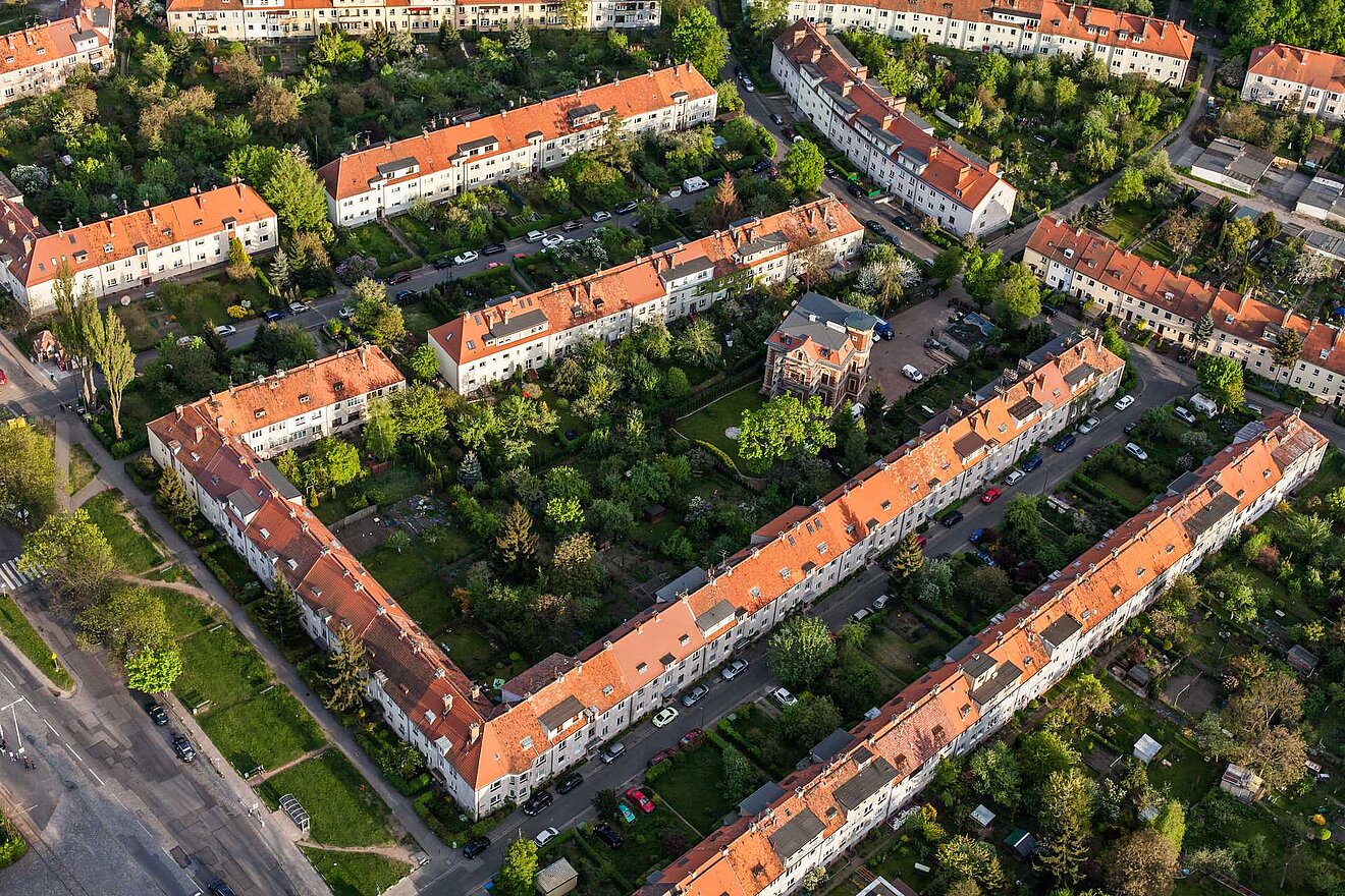 Vogelperspektive einer Quartiers im Grünen