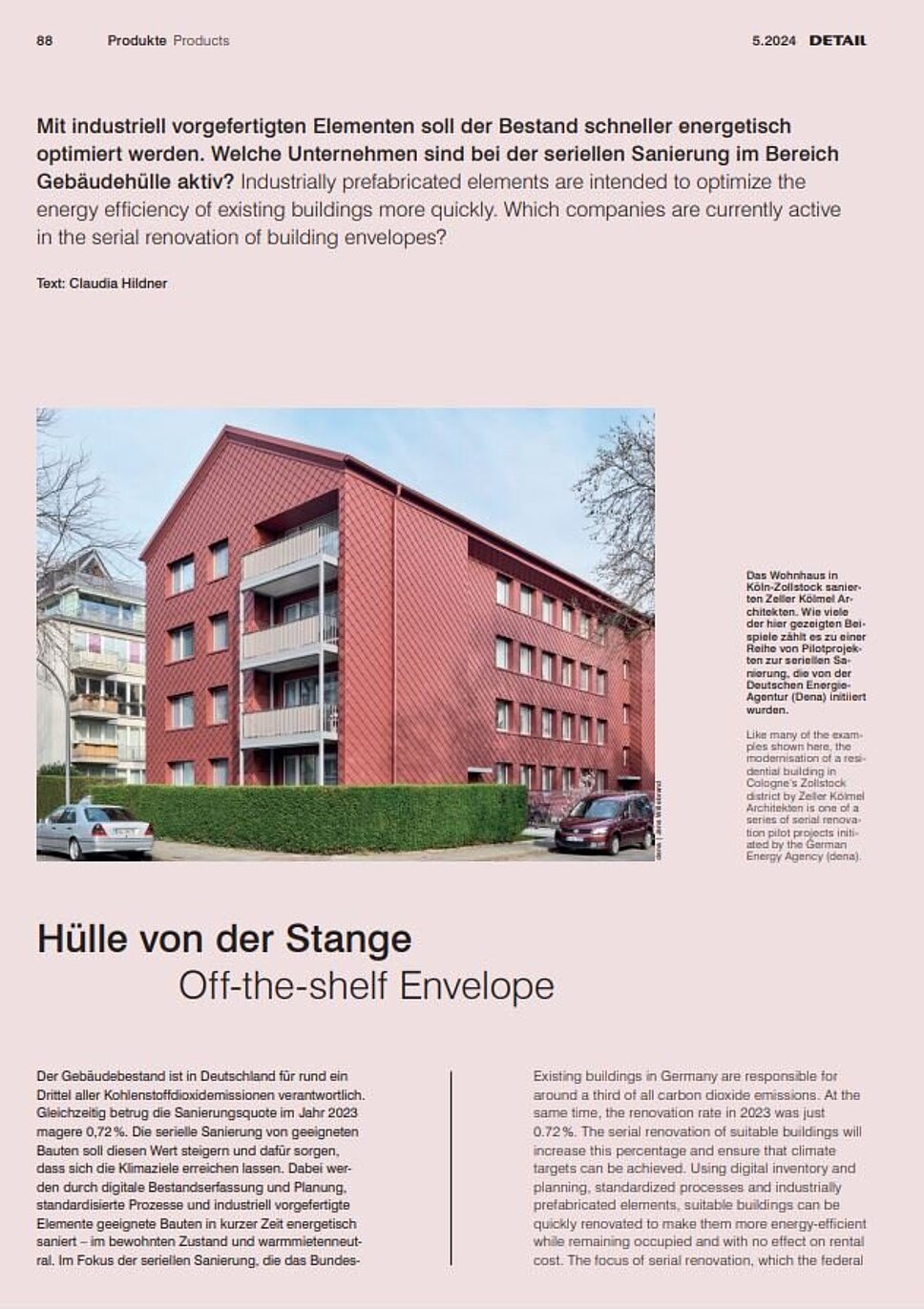 Seite aus dem Magazin Detail, Text und Bild von einem Mehrfamilienhaus, Überschrift des Beitrags: Hülle von der Stange