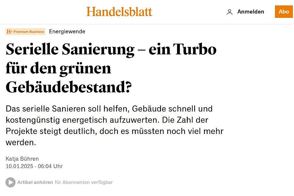 Beitrag auf handelsblatt.com: Serielle Sanierung – ein Turbo für den grünen Gebäudebestand?