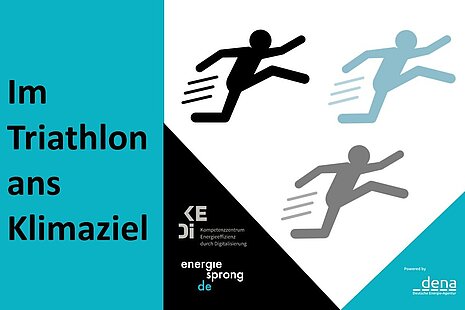 Grafik: Text "Im Triathlon ans Klimaziel", Logos, Darstellung von drei Personen die zum Sprung ansetzen.