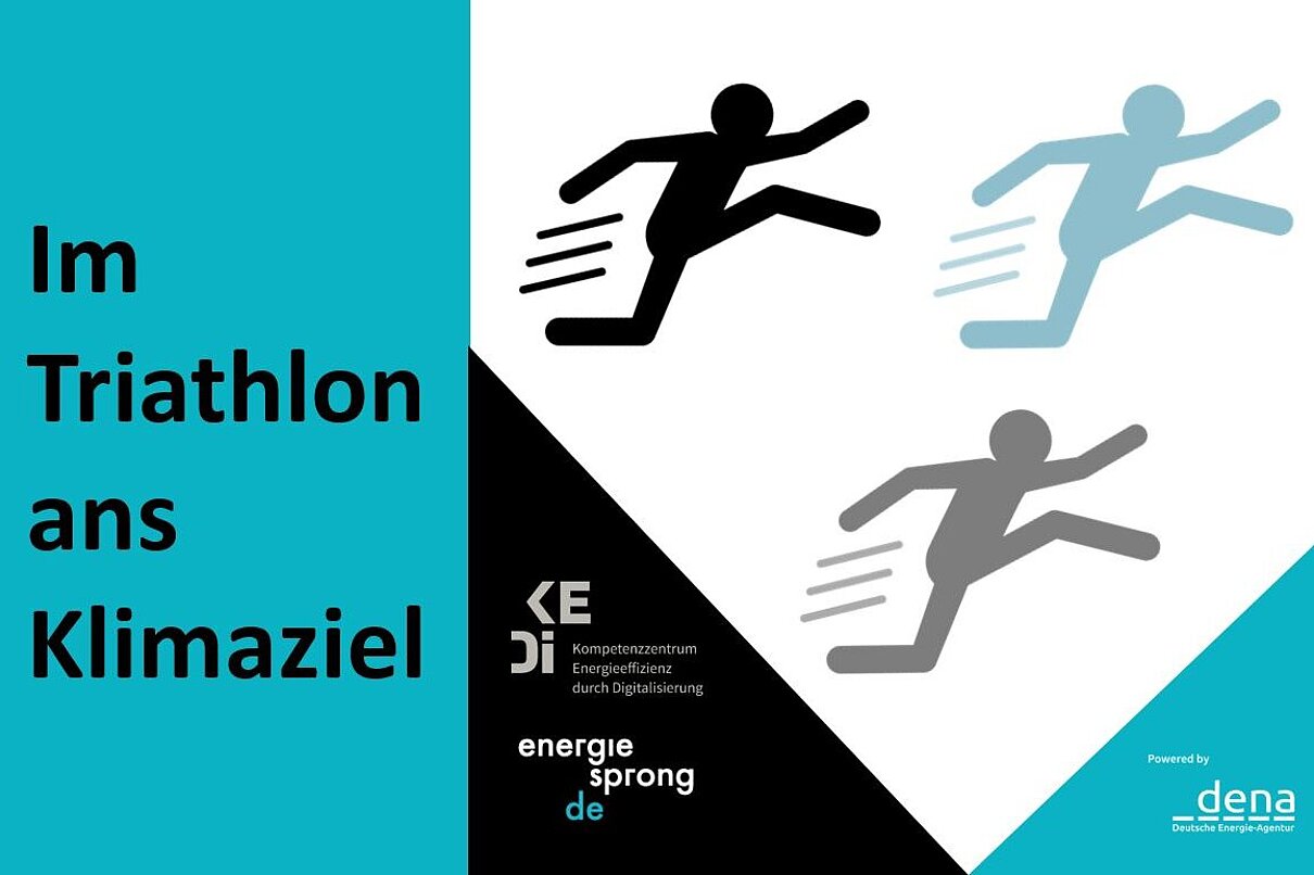 Grafik: Text "Im Triathlon ans Klimaziel", Logos, Darstellung von drei Personen die zum Sprung ansetzen.