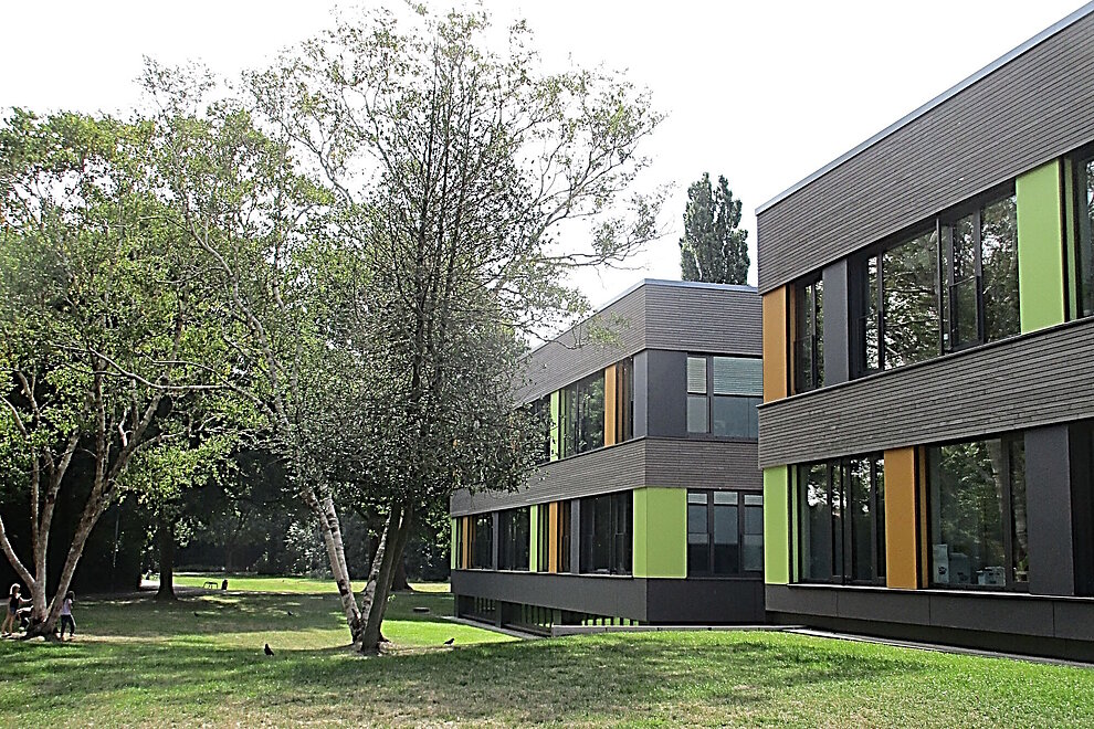 Saniertes Schulgebäude zweigeschossig mit Flachdach, davor Rasen und Bäume