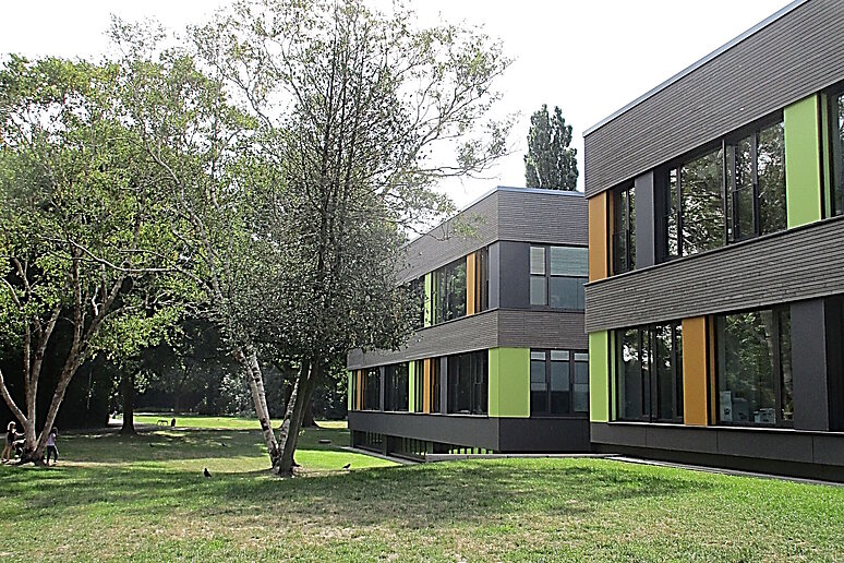 Saniertes Schulgebäude zweigeschossig mit Flachdach, davor Rasen und Bäume