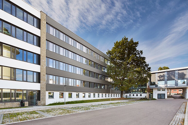 saniertes Gebäude der 60er Jahre, viergeschossig, davor eine Freifläche mit Baum