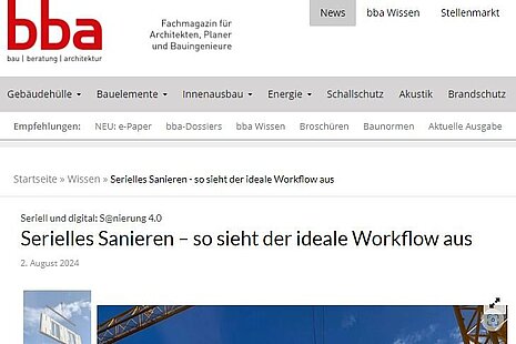 Screenshot vom bba Online-Beitrag: Serielles Sanieren - so sieht der ideale Workflow aus