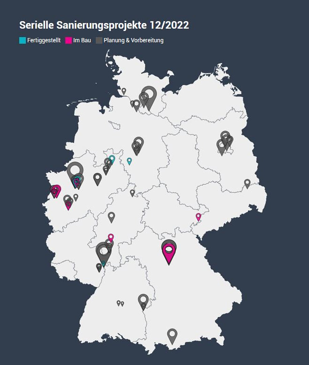 Deutschlandkarte mit seriellen Sanierungsprojekten, Stand bis 2022