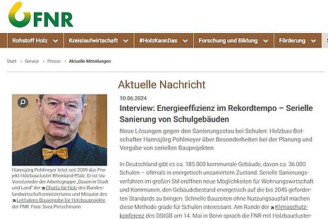 Ausschnitt aus dem online Beitrag auf FNR.de: Interview: Energieeffizienz im Rekordtempo – Serielle Sanierung von Schulgebäuden