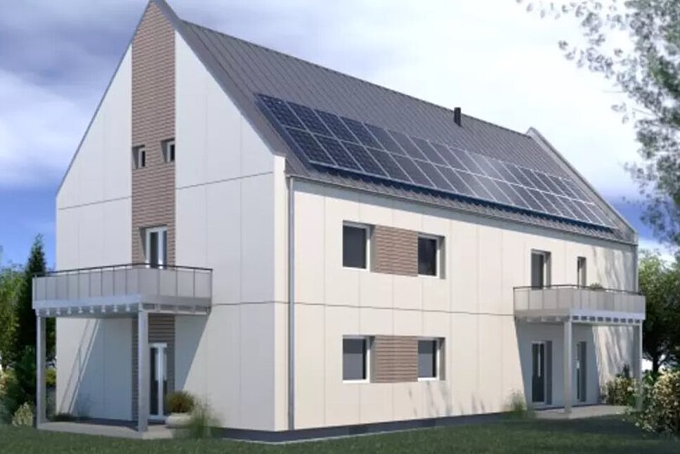 Rendering eines Mehrfamilienhauses, zweigeschossig mit Schrägdach und Photovoltaikanlage darauf