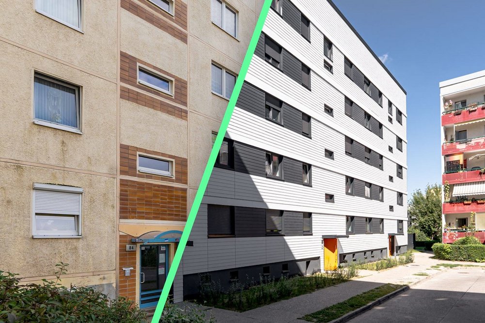 Vorher-/Nachher-Bild des ecoworks-Sanierungsprojekts der HOWOGE in Berlin. Bild zeigt: Linke Hälfte ein altes Gebäude vor Sanierung, rechte Seite ein saniertes Gebäude mit neuer Fassade