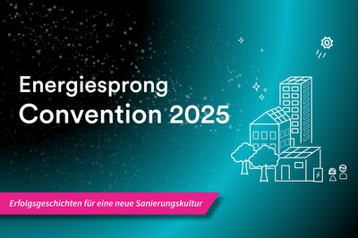 Grafik mit blauem Farbverlauf. Gezeichnete Häuser und Personen. Text: Energiesprong Convention 2025, Erfolgsgeschichten für eine neue Sanierungskultur