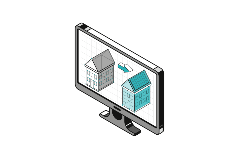 Grafik zur Projektierung eines Gebäudes, skizzierter Monitor mit zwei Häusern auf dem Bildschirm.