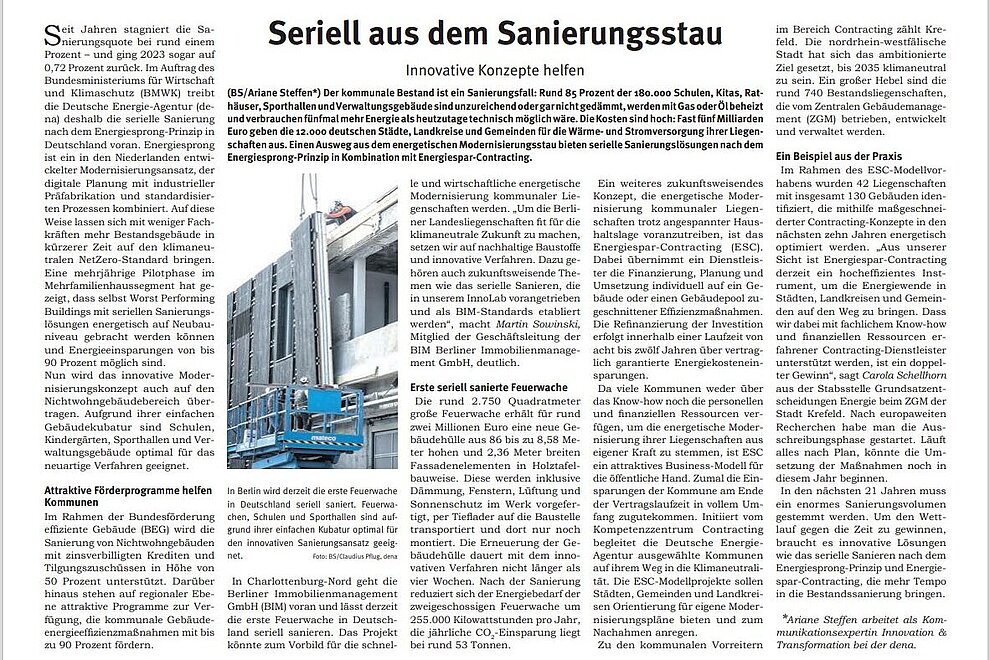 Beitrag aus dem Behörden Spiegel, Ausgabe September 2024, Überschrift: Seriell aus dem Sanierungsstau