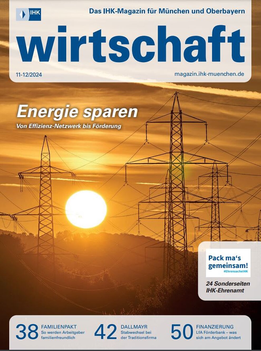 Titelbild des Magazins "wirtschaft", im Vordergrund Freileitungsmaste, im Hintergrund Sonnenuntergang